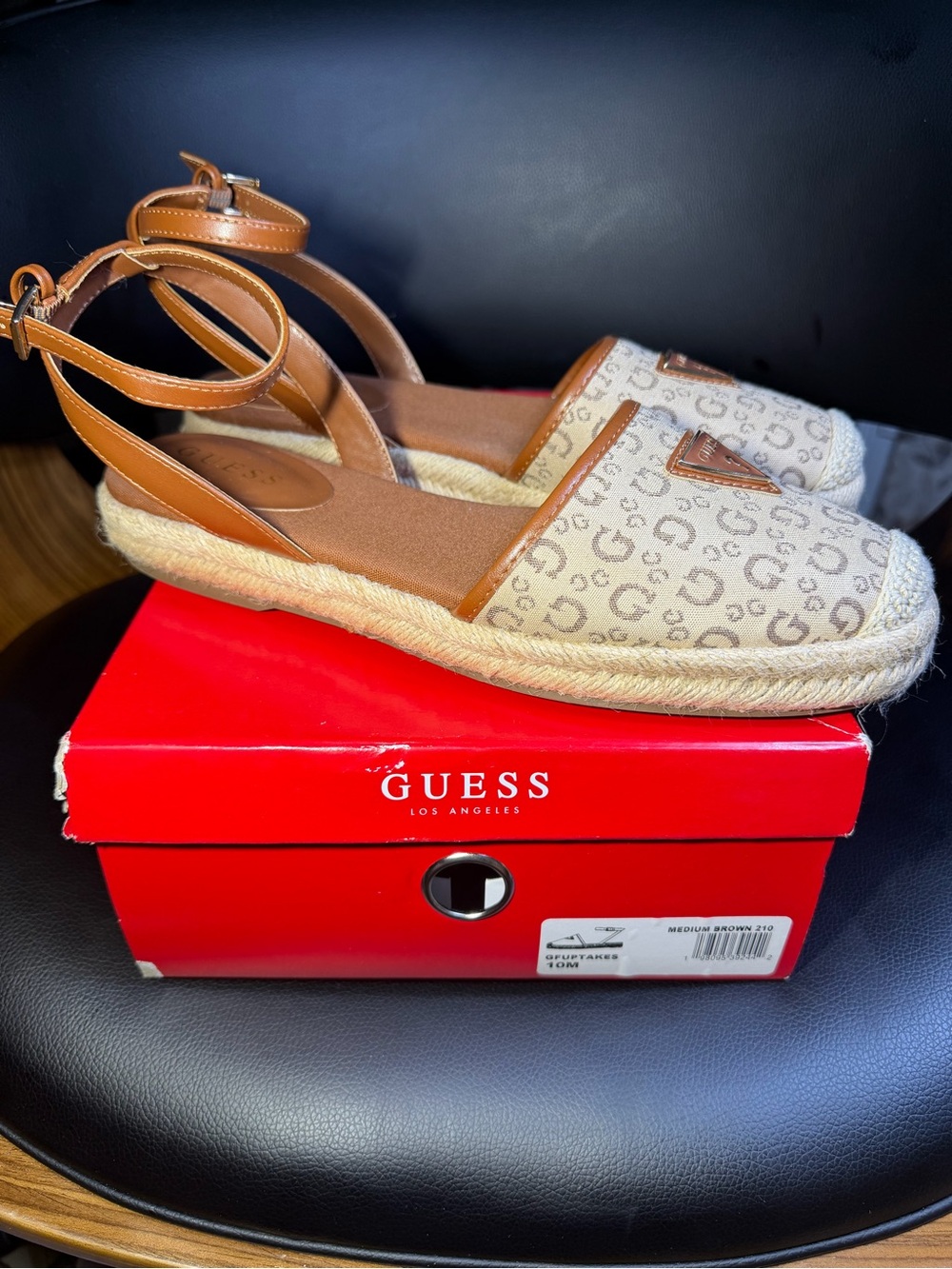 GUESS Tan Logo Espadrille Sandals with Ankle Strap Sz 10M box